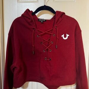True Religion Women's Burgundy Lace-Up Cropped Hoodie